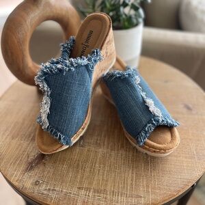 Minnetonka York Slide Sandals Wedge Size 8 Blue Denim
